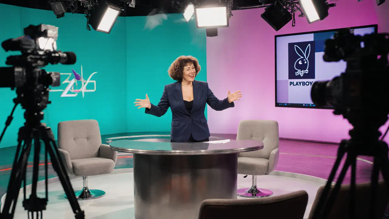 1990s TV studio set with a confident woman hosting a talk‑show segment.