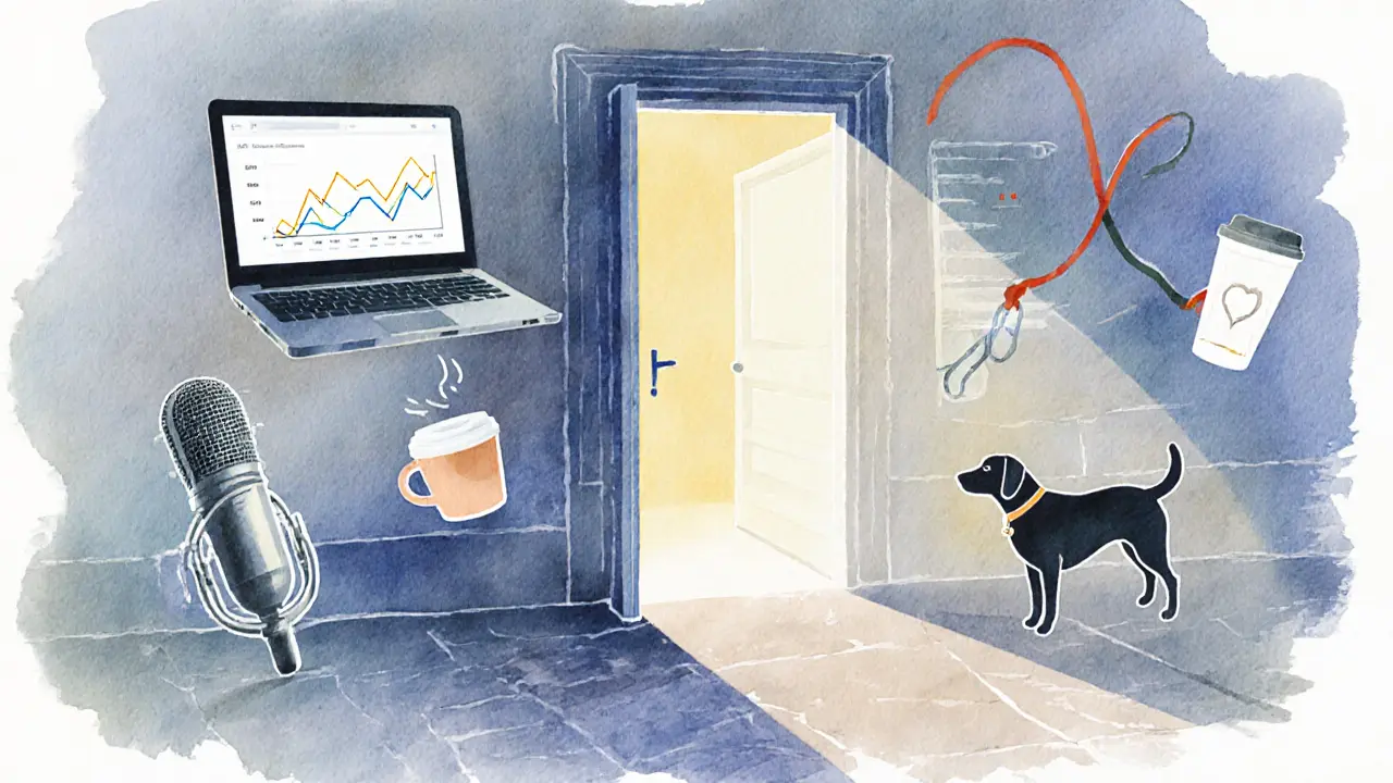 A slightly open door in Munich with floating symbols of her digital work and daily life.