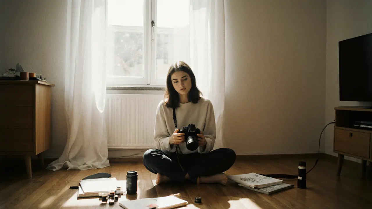 A woman sits on a wooden floor in a quiet Munich apartment, holding a camera in natural daylight.