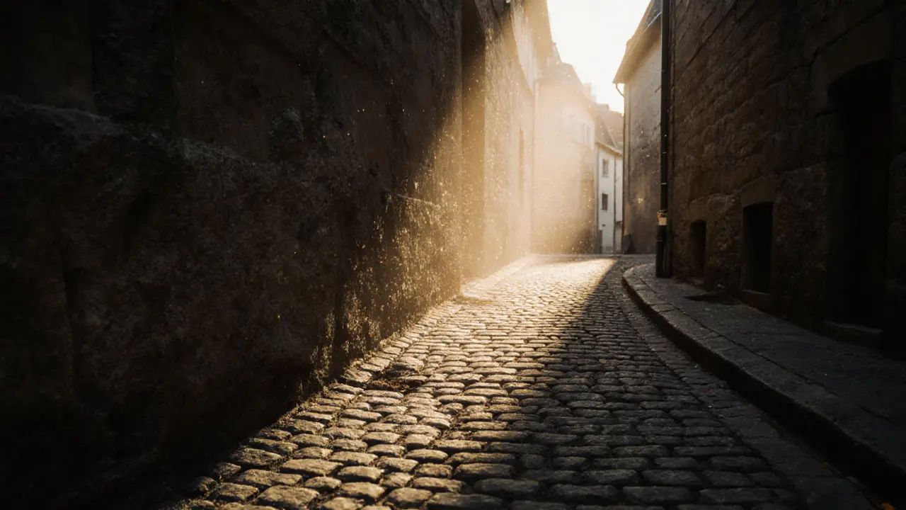 Cobblestones ripple like breath in a narrow Munich alley, bathed in morning golden light.