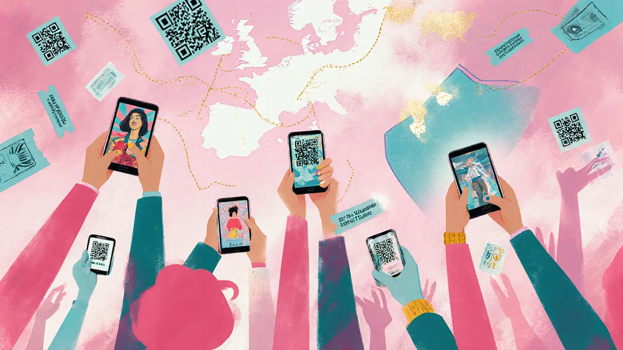 Collage of fans with phones, QR‑code shapes, ticket stubs, and a map hinting at Lexy's upcoming European tour.