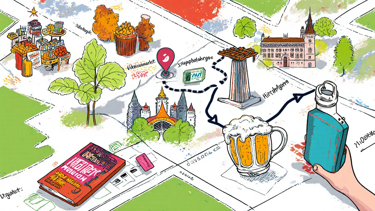 Comic‑style map of Munich showing market, garden, palace, beer garden, rooftop and tram route.
