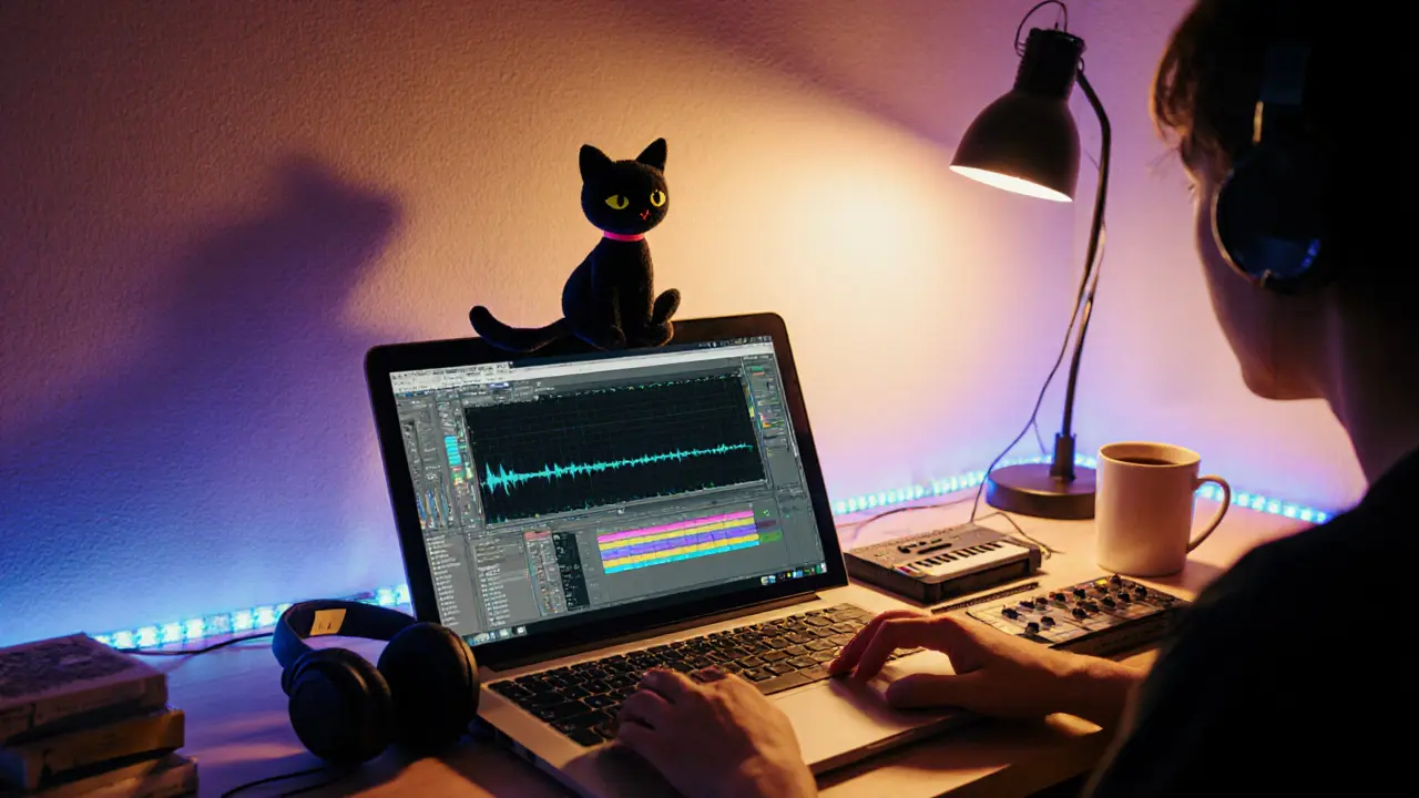 Cozy home studio with laptop, cheap synth, cat‑ear headphones, and pastel LED lights.