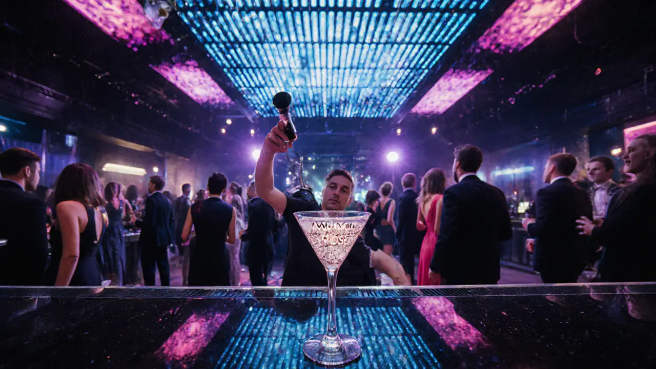Energetic nightclub interior with neon lighting, cocktail bar, and stylish crowd.