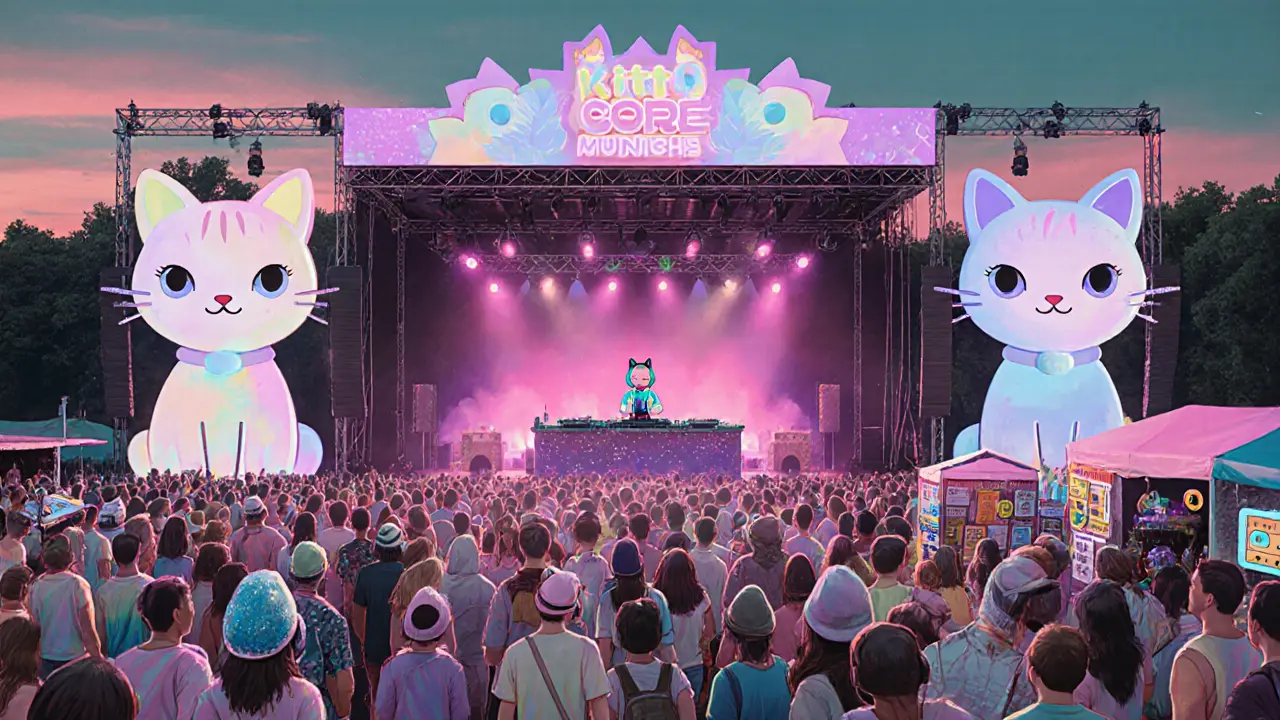 Festive outdoor Kitty Core festival with pastel banners, DJ, and cat‑ear fashion.