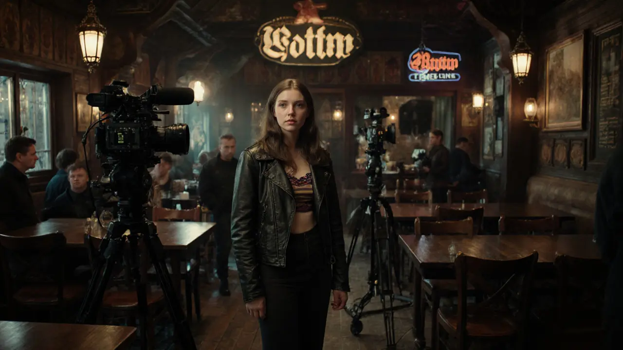 Film crew filming a Bavarian beer hall scene with Kitty Core on set.