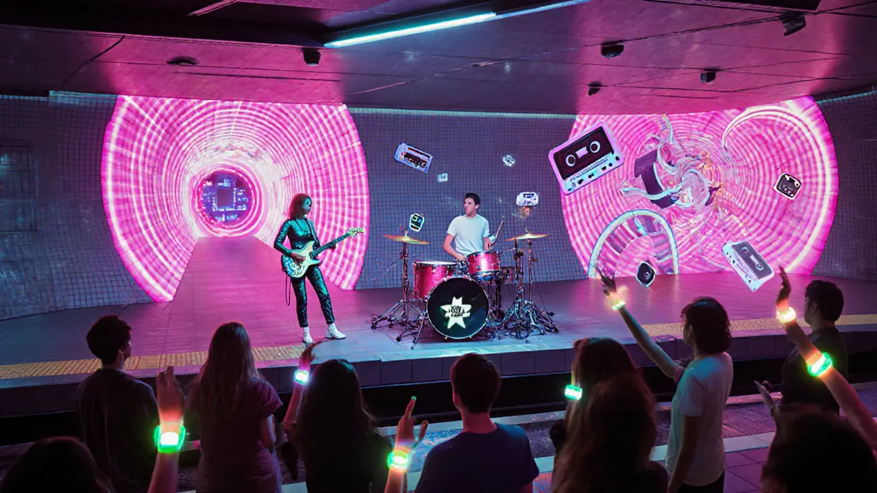 Futuristic subway station show by Kitty Core with holographic visuals and cheering fans.