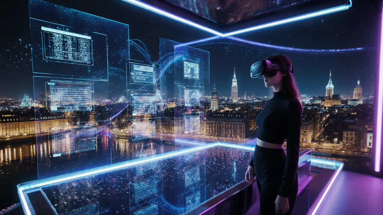 Futuristic VR studio with a woman in a headset and neon‑lit Munich skyline.