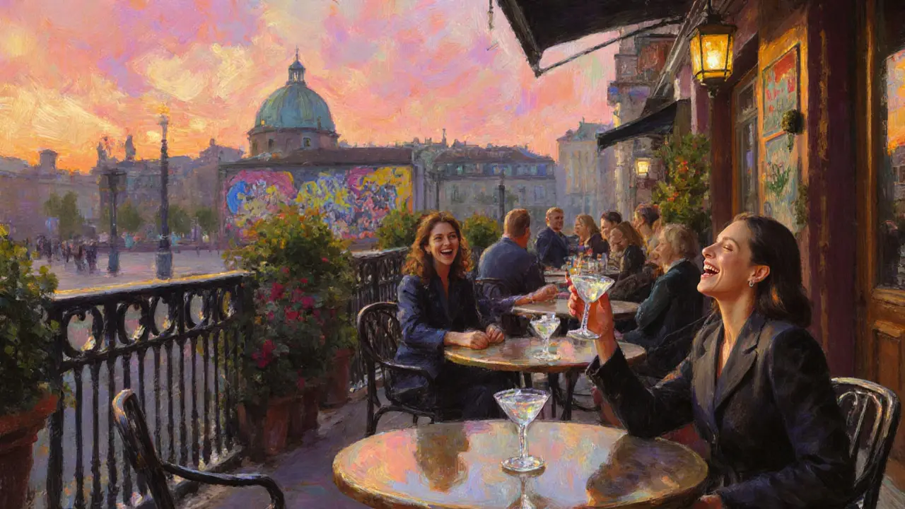 Gärtnerplatz Bar patio at dusk with patrons enjoying drinks under lanterns.