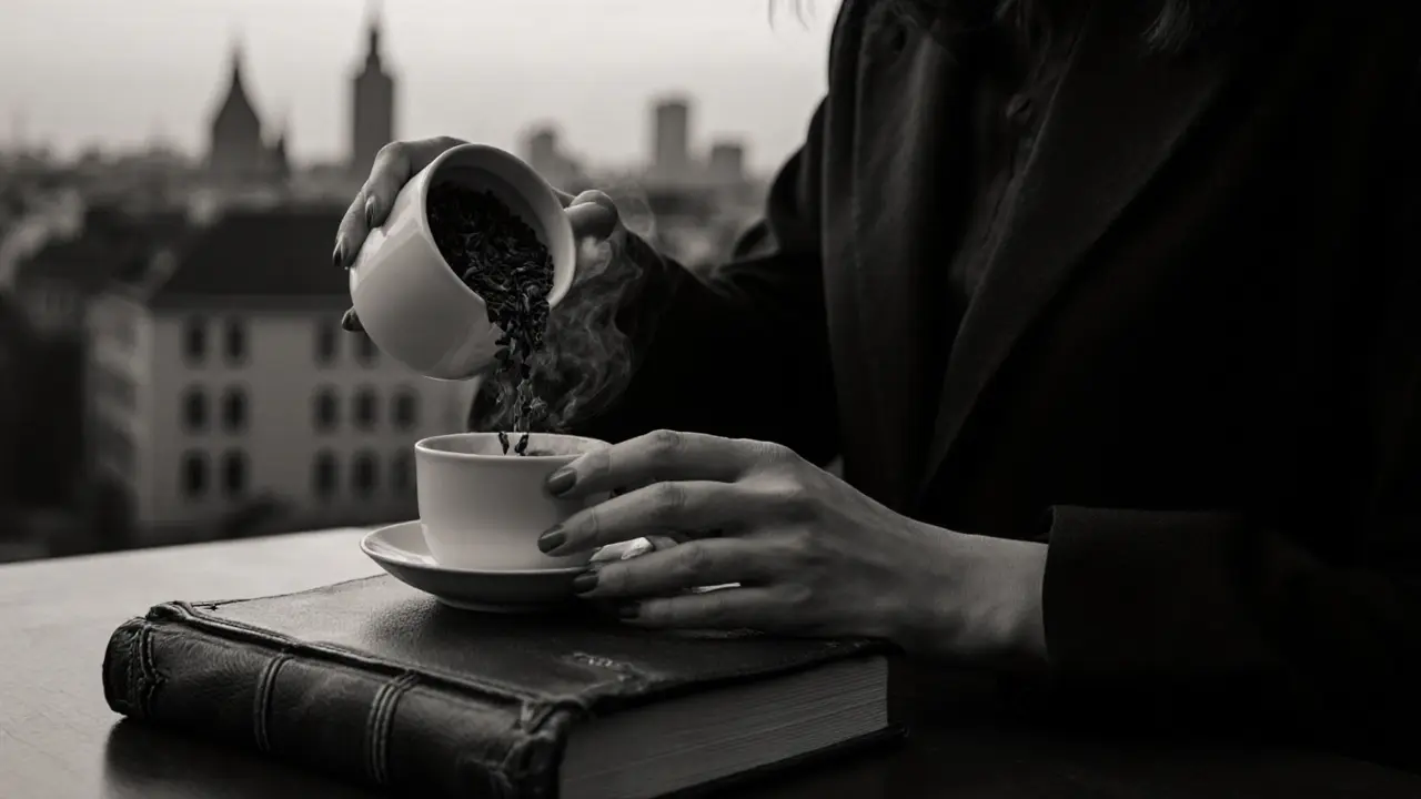 Hands pouring tea and holding a script, blurred Munich skyline behind, black and white.