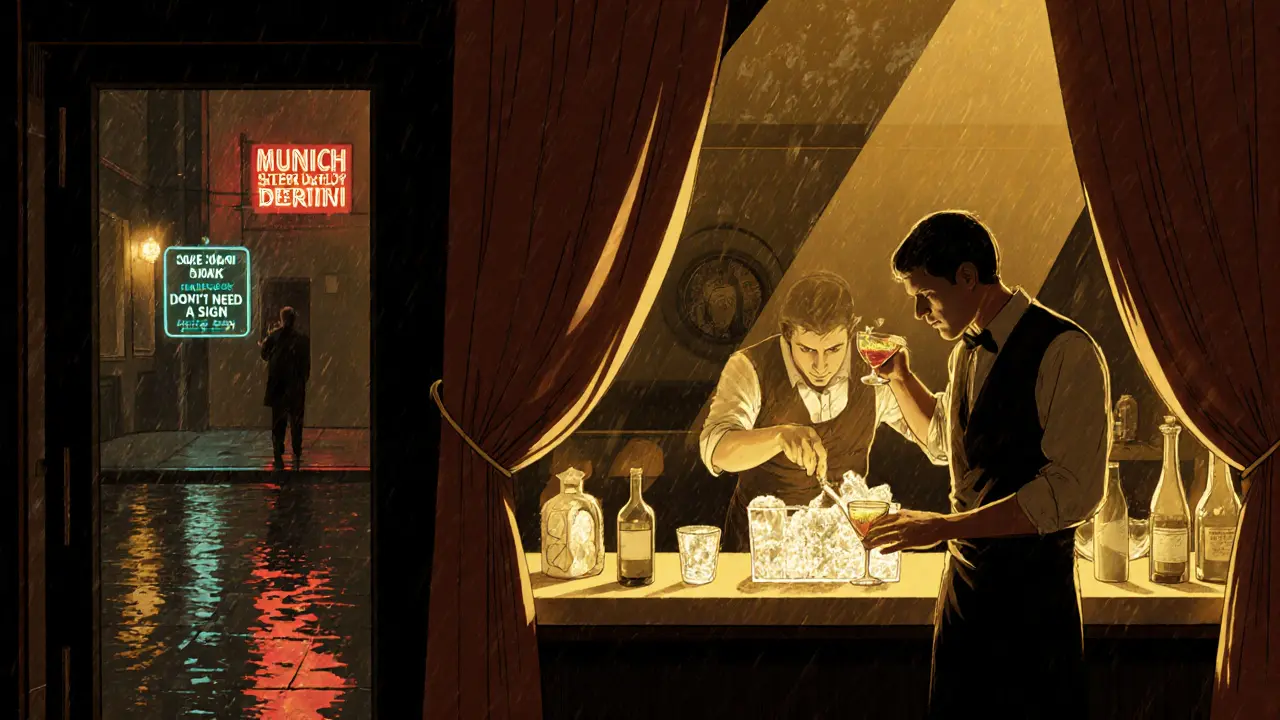 Hidden 1970s-style lounge with bartender crafting a cocktail, velvet curtains and vintage glassware.