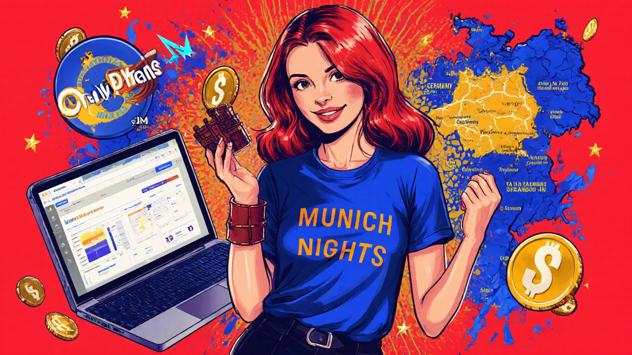 Illustration of a performer holding merchandise and brand symbols.