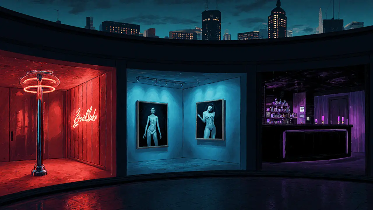 Illustration of a strip club, erotic art gallery, and BDSM bar showing varied nightlife lighting.