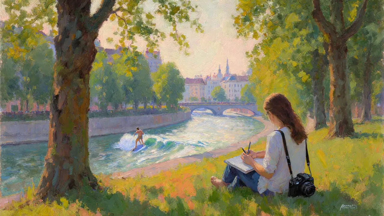 Impressionist view of Englischer Garten with a surfer on the Eisbach and a woman sketching nearby.