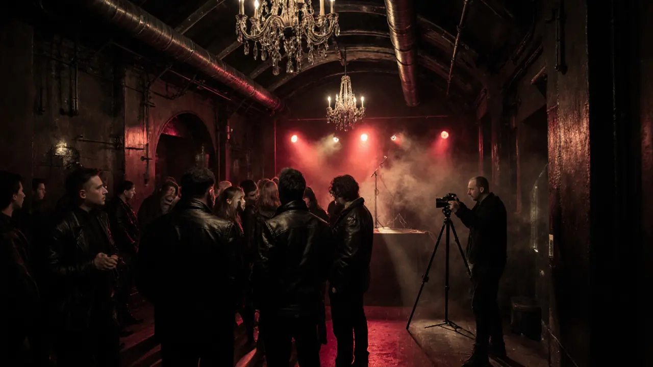 Interior of Club Schauburg lit with red spotlights, leather‑clad crowd.