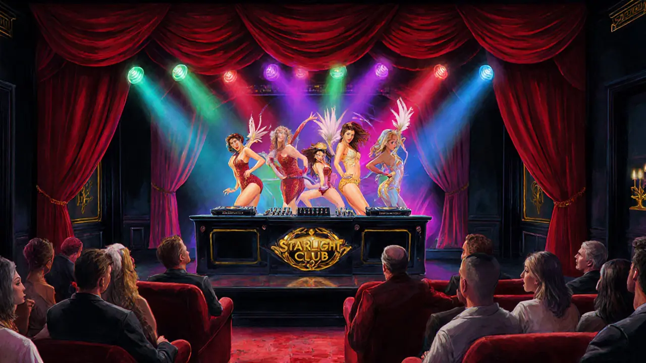 Interior of Starlight Club showing stage, DJ booth, dancers, and neon lighting.
