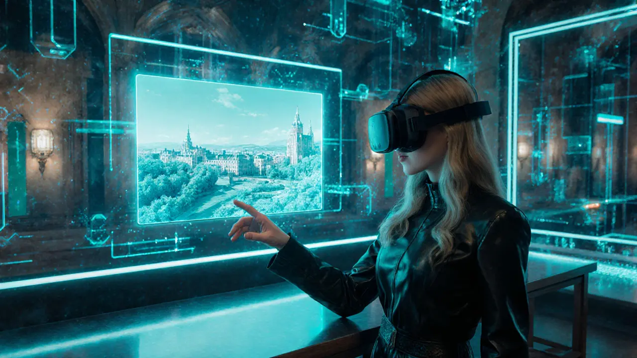 Kitty Core in a VR headset inside a futuristic Munich beer hall.