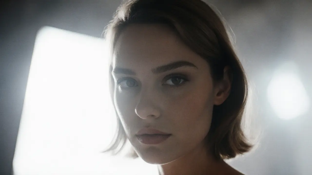 Leonie Saint making calm eye contact with the camera on a quiet European film set.