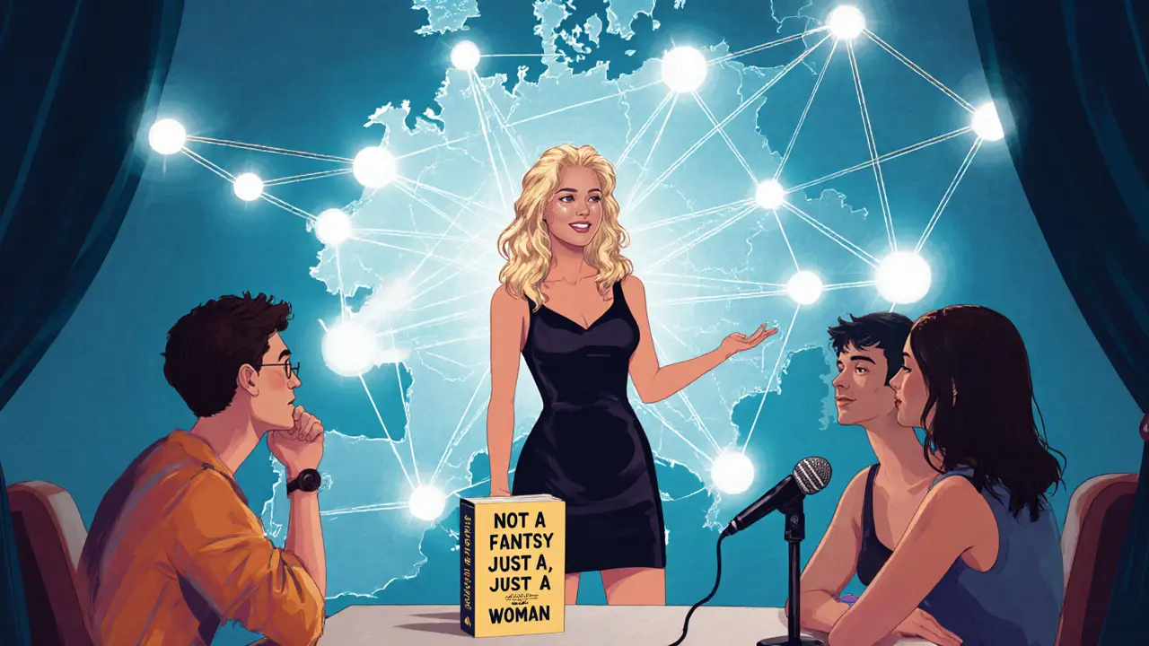 Leonie Saint mentoring young performers beside a podcast mic and her bestselling book.