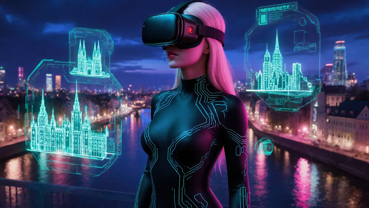 Lexy in a neon‑lit loft wearing a VR headset, surrounded by holograms.