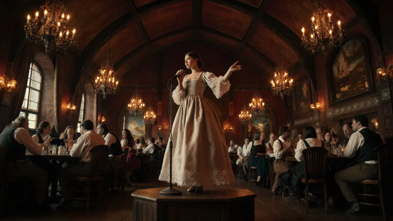 Lexy performing in a historic Munich beer hall with warm amber lighting.
