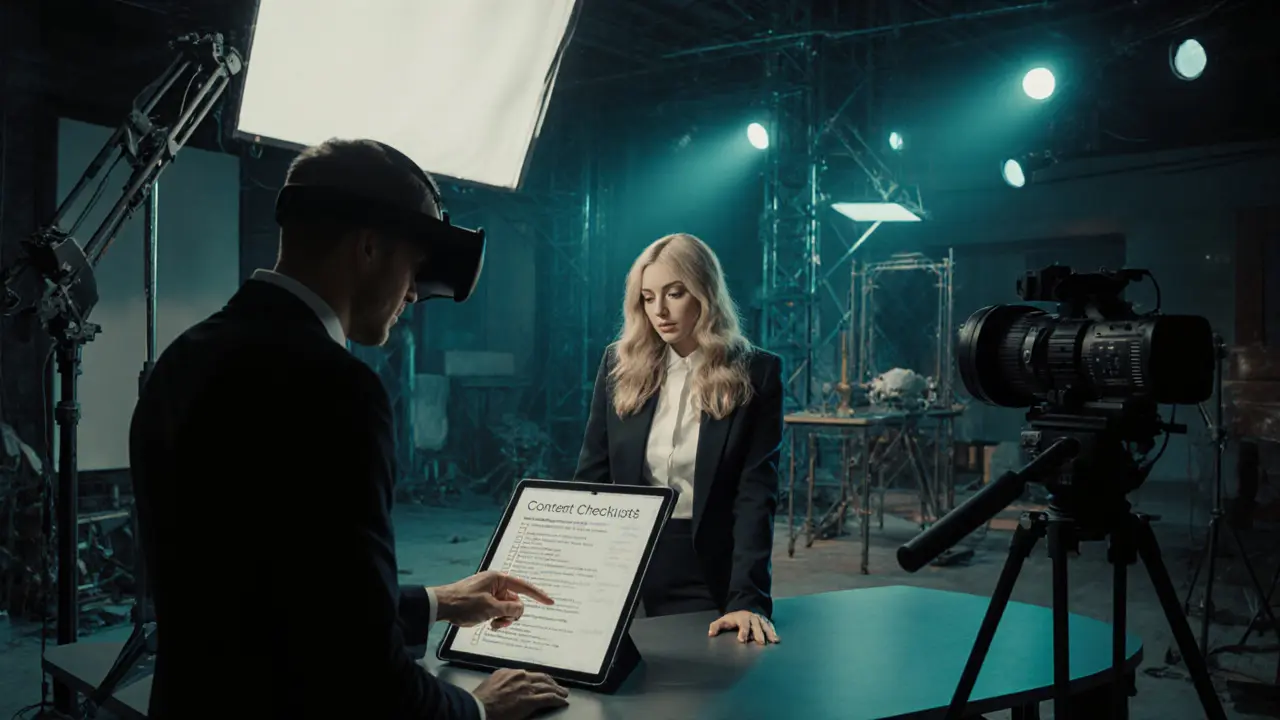 Lilli reviewing a consent checklist on a modern studio set with VR equipment.