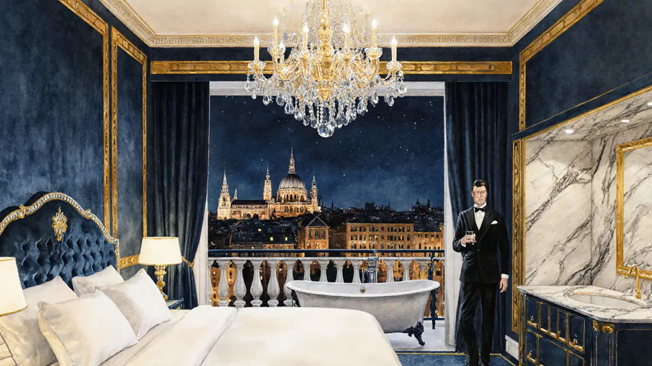 Luxurious hotel suite balcony view with chandeliers and Munich skyline at night.