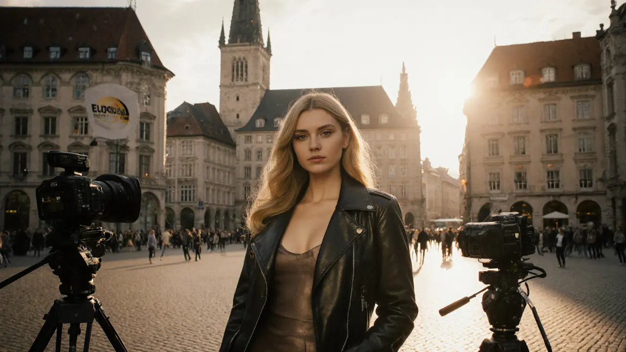 Marienplatz at dusk with a model posing on a film set.