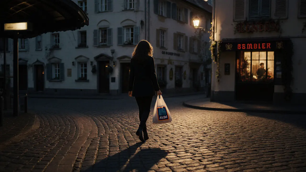 Melanie walking home from the U-Bahn in Schwabing, carrying Aldi groceries at dusk.