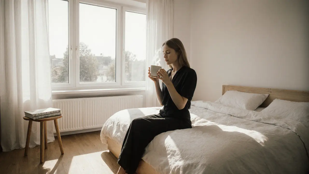 Minimalist studio near Isar River with Tyra drinking Earl Grey tea in natural daylight.