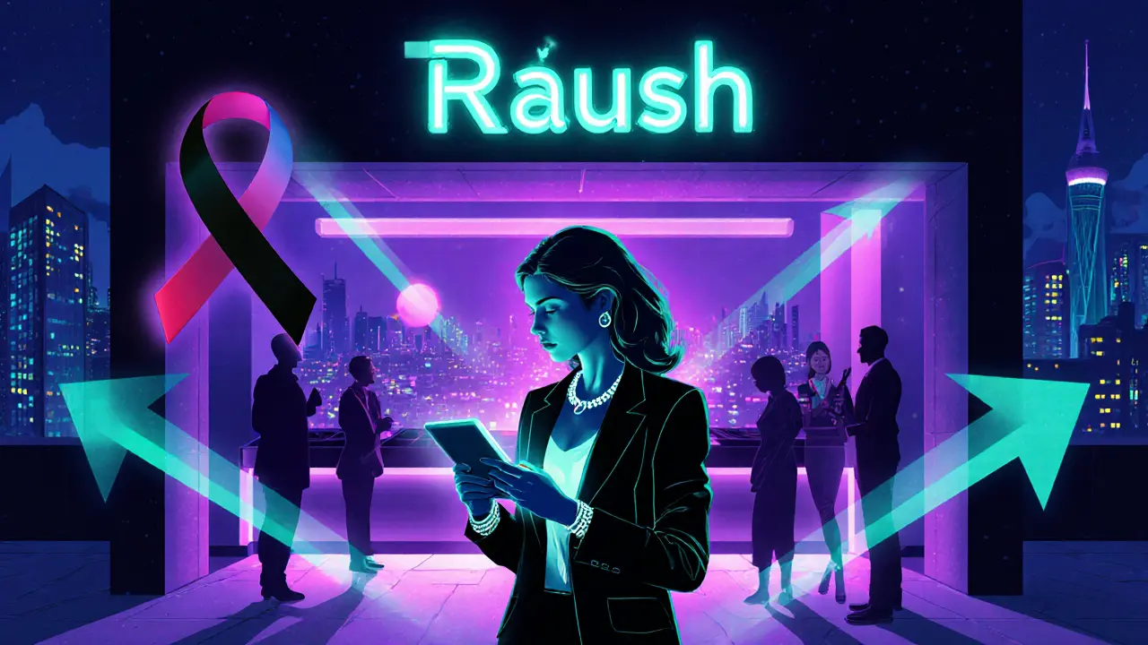 Nighttime Munich skyline with neon club sign and a businesswoman holding a tablet.