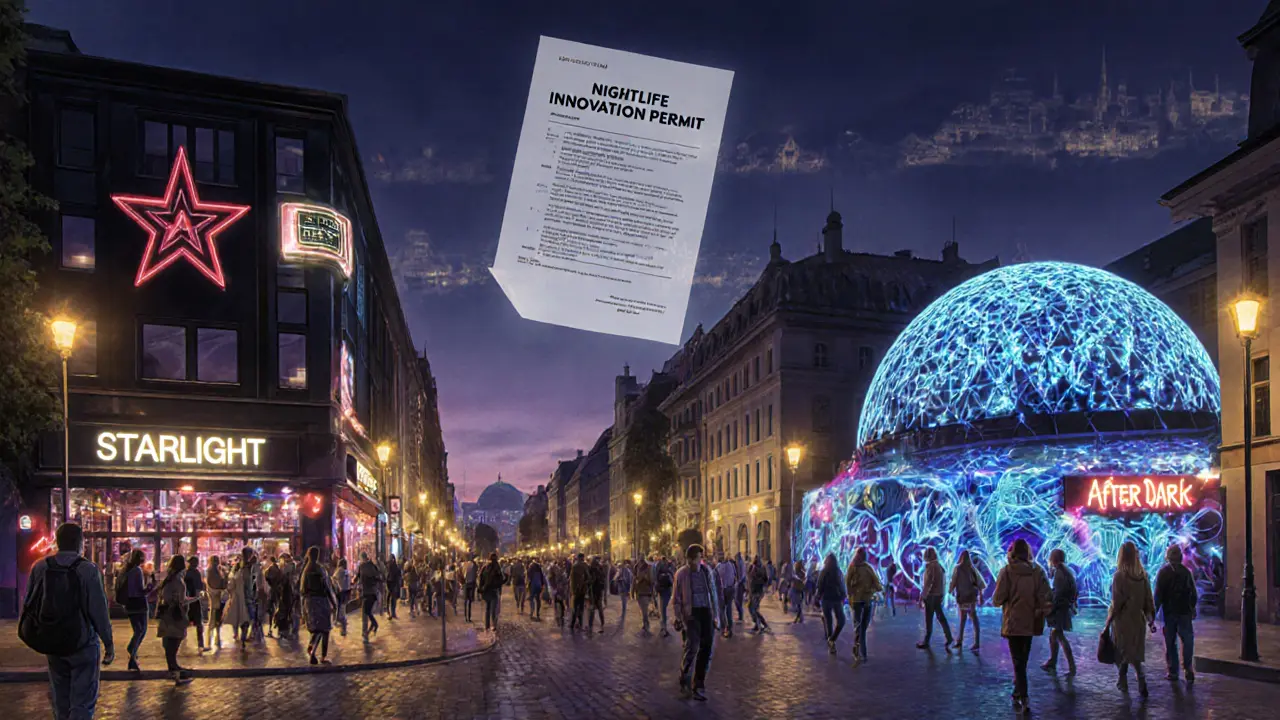 Nighttime Munich street with modern clubs, diverse crowds, and a permit overlay.