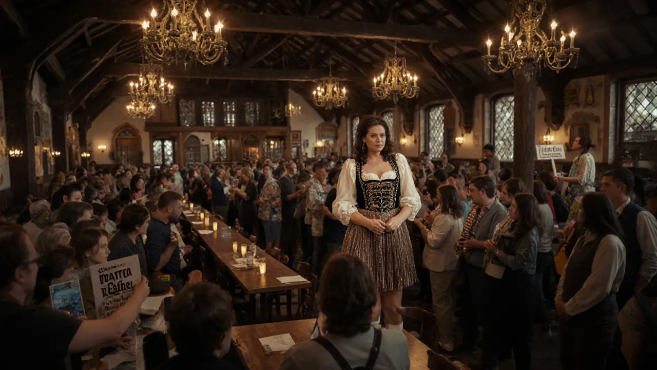 Patti signing autographs in a Bavarian dress at the Hofbräuhaus with fans.