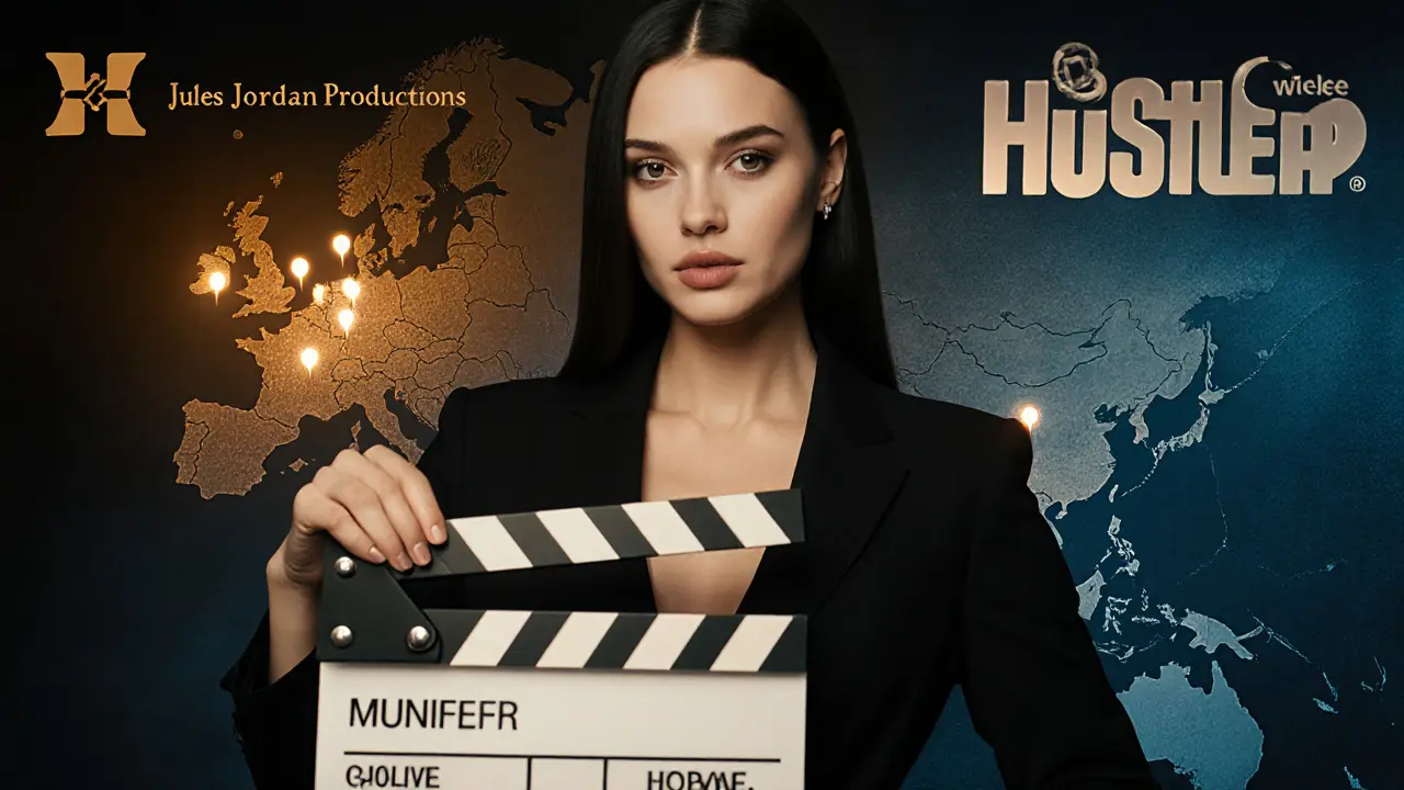 Portrait collage showing a woman with a clapperboard and European map markers.