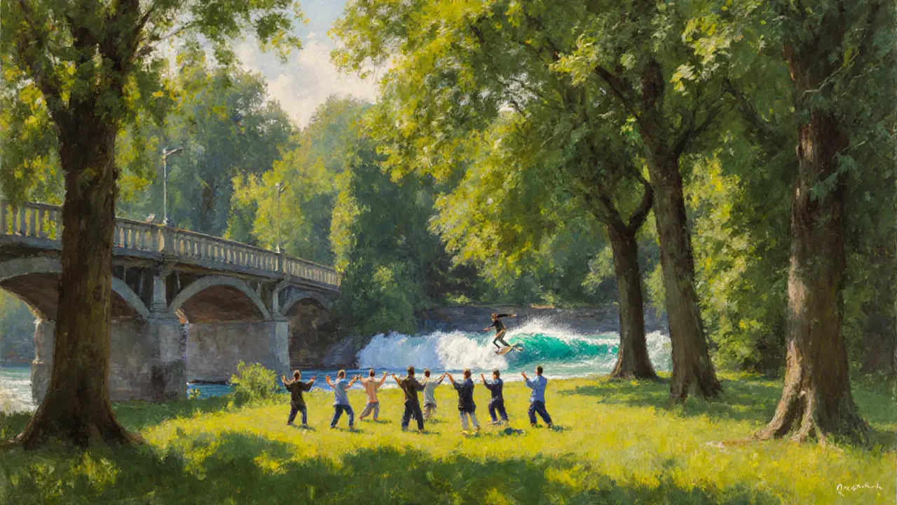 Quiet meadow in the English Garden with Tai Chi practitioners and a surfer on the Eisbach wave.