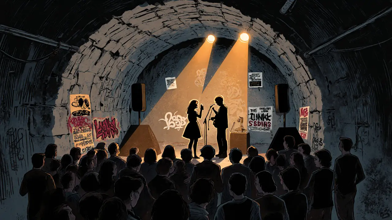 Secret concert in a dark Munich railway tunnel with a makeshift stage and packed crowd.