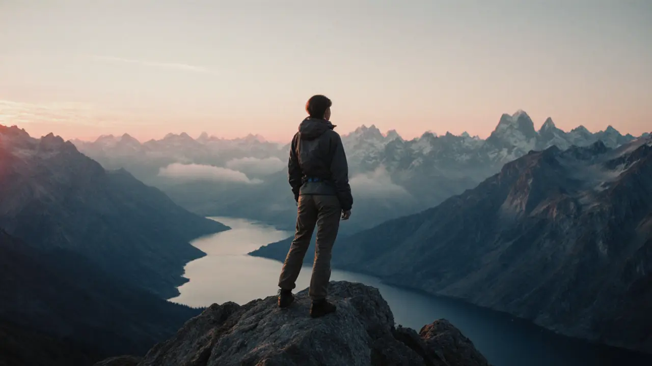 Silhouette of a woman on alpine rocks at sunrise, drone view of mountains and mist.