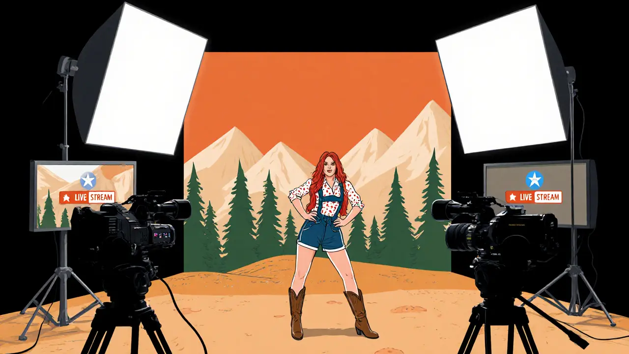 Studio set showing Patti in cowboy boots and lederhosen, cameras and lights ready.
