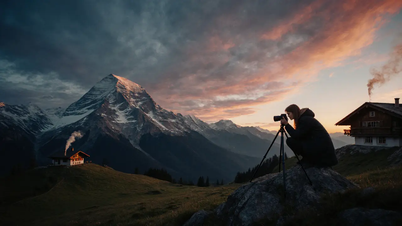 Sunrise over the Bavarian Alps with a photographer setting up a tripod on a rocky ledge.