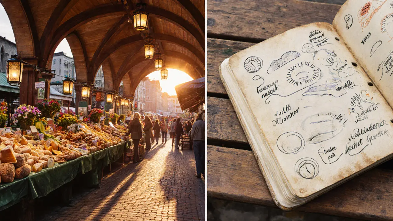 Sunset light glows beneath the arched roof of Viktualienmarkt, with a sketchbook on a bench.