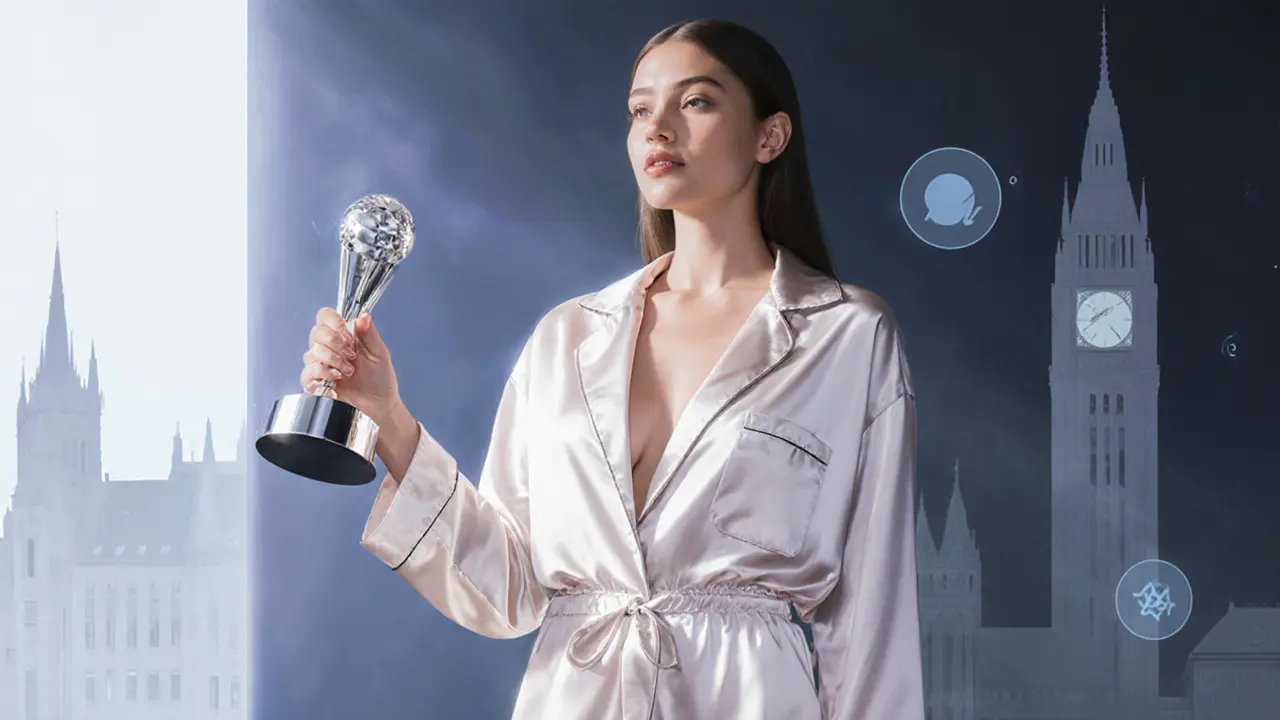 Tyra in luxury loungewear holding an award trophy with a modern studio backdrop.