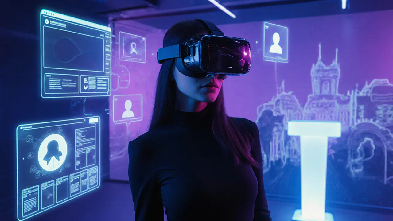 Tyra wearing a VR headset in a futuristic studio with holographic displays.