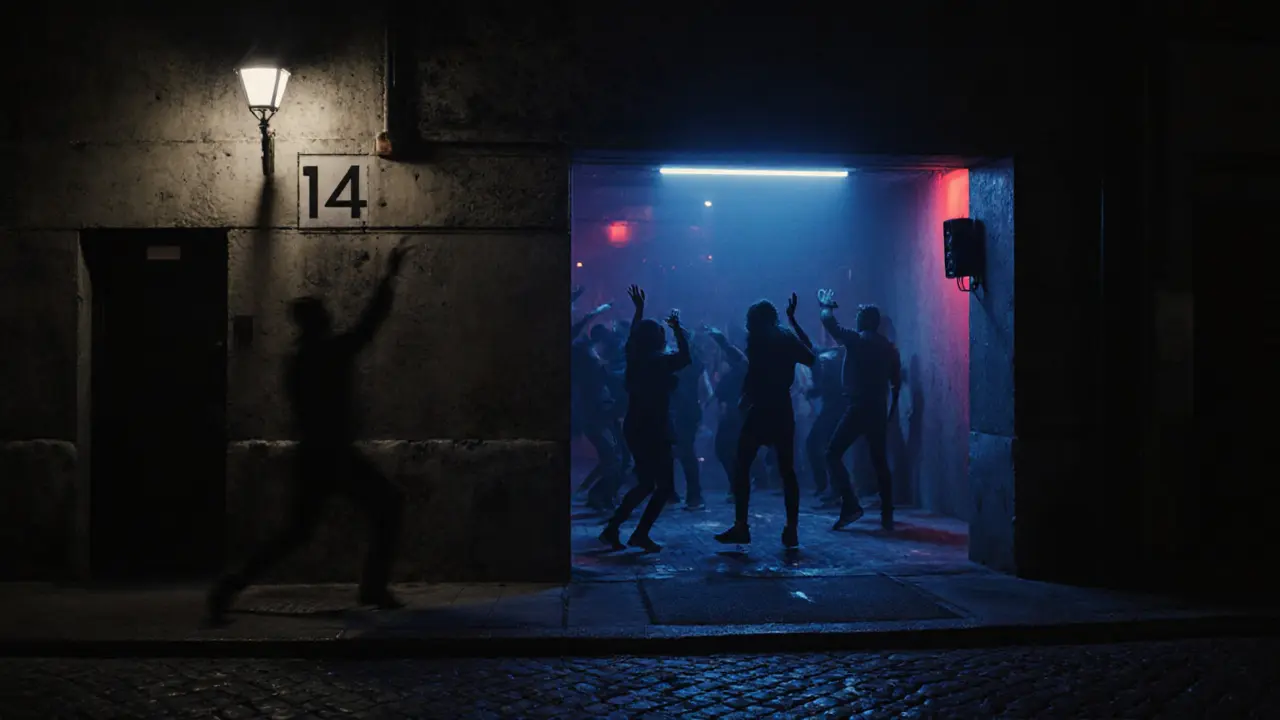 Underground nightclub with silhouetted dancers, dim industrial vibe, faint bass vibrating the sidewalk.