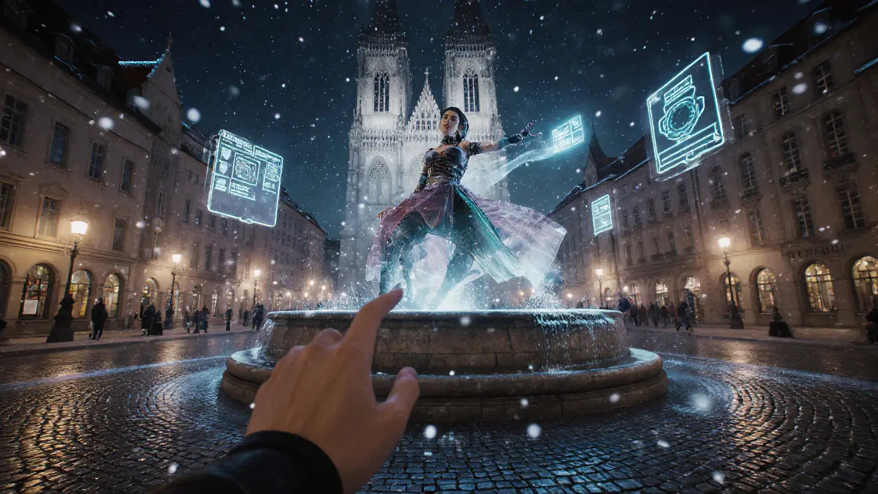 VR view of Munich streets with a digital avatar of Vivian performing on a fountain.