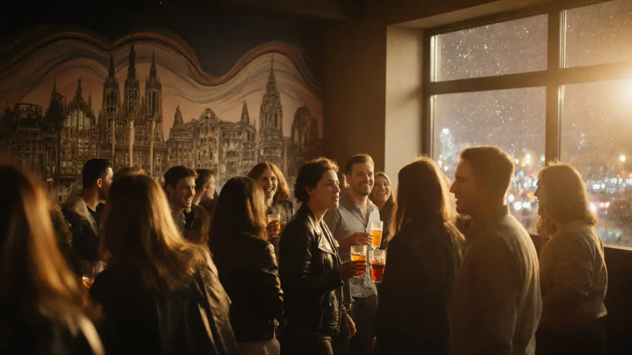 Warmly lit Love Lounge gathering with diverse patrons, cityscape visible through windows.