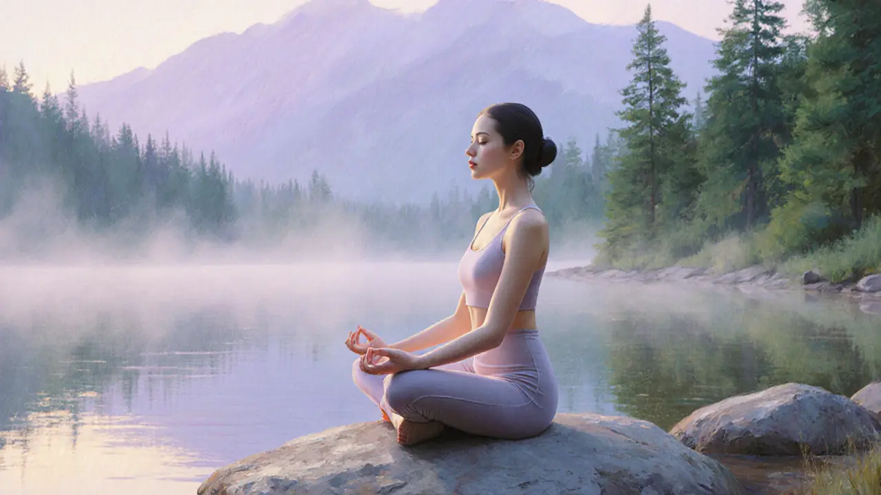 Woman meditating by a pastel‑colored lake at dawn, misty forest and soft glow.