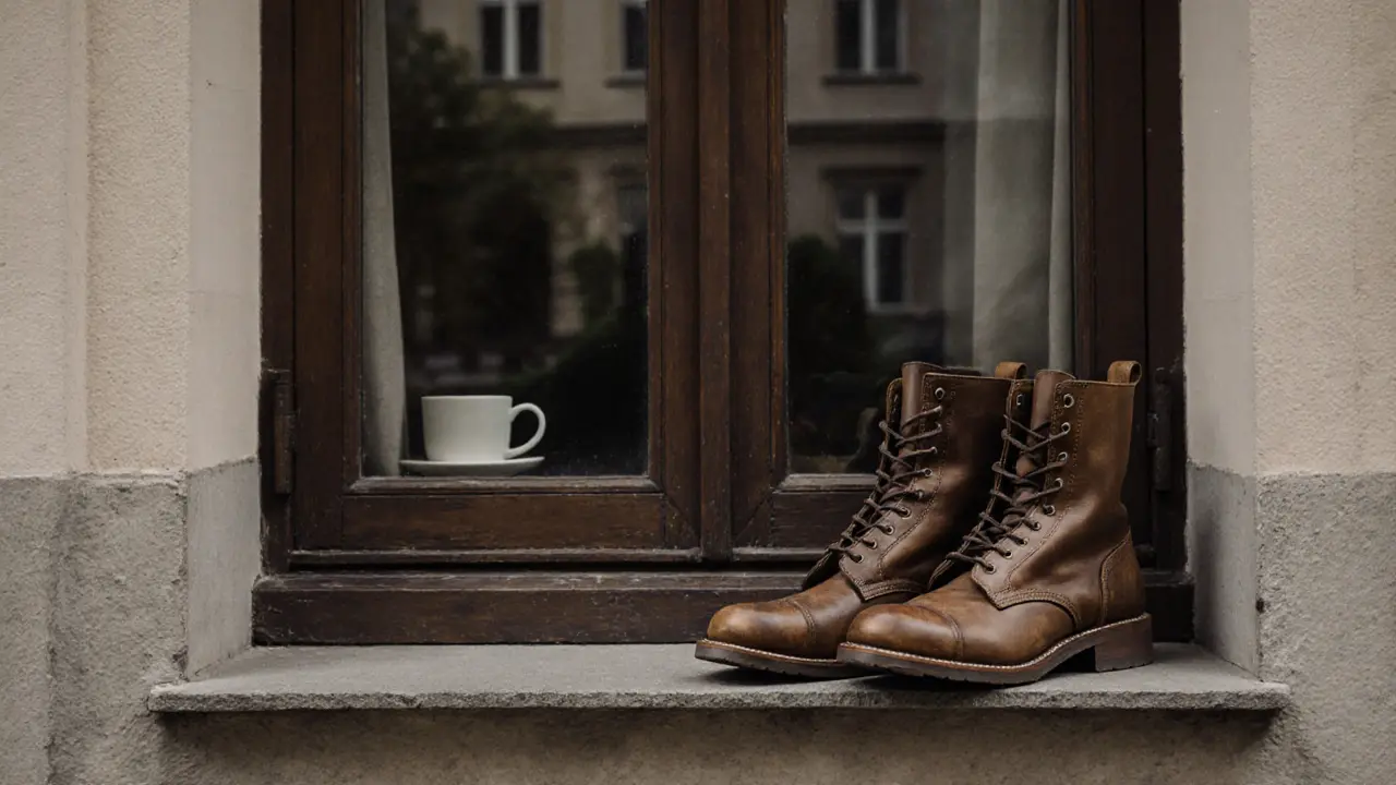 Worn boots and a coffee cup sit beside a closed door in a Munich apartment, reflecting the English Garden.