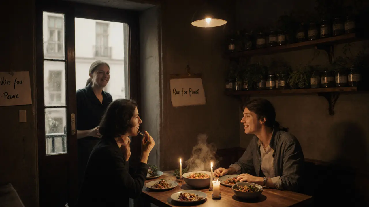 A couple shares a private dinner in a hidden kitchen, candlelight glowing on their shared meal.