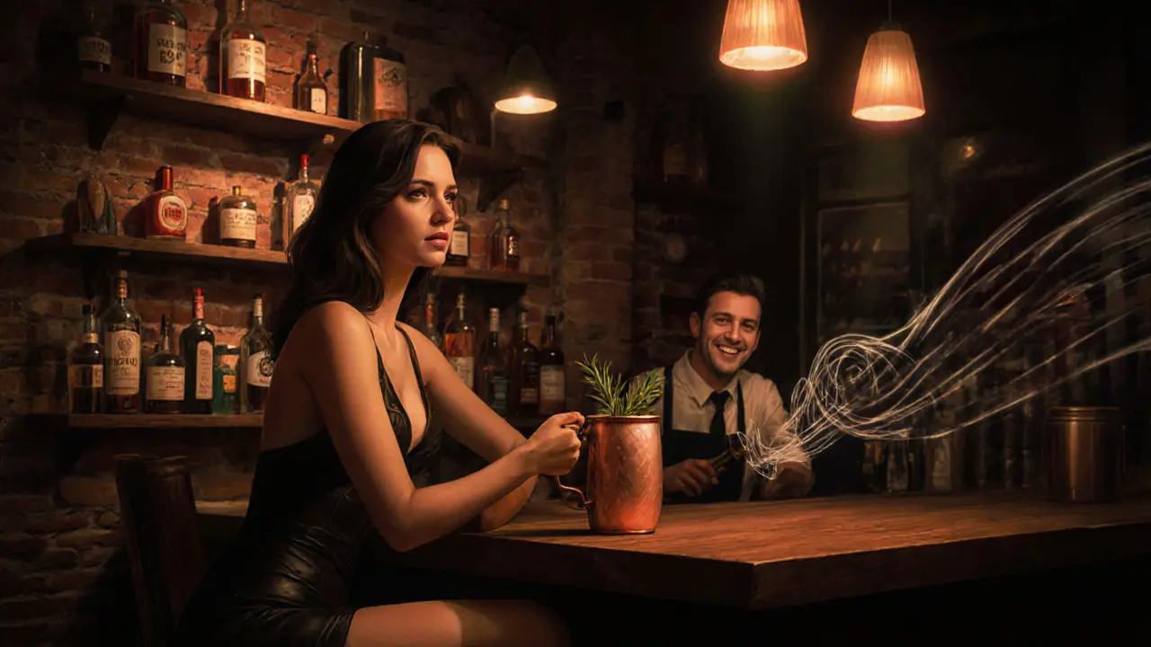 A cozy hidden bar with warm lighting, shelves of spirits, and someone sipping a cocktail in a copper mug.