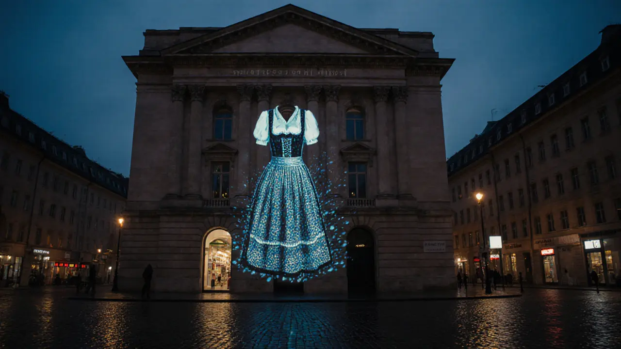 A dirndl dress melts into digital static on an old bank building, projected at night with no visible equipment.